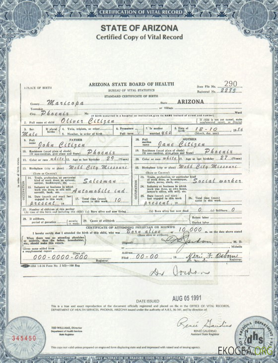 Modèle de certificat de naissance de l'État de l'Arizona aux États Unis au format PSD